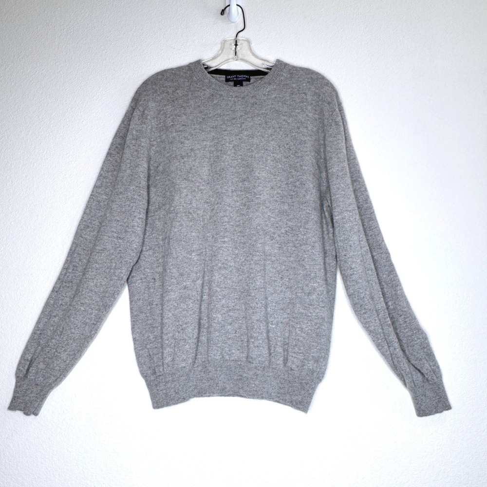 GRANT THOMAS 2 Ply 100% Cashmere LG Crewneck Sweater Gray Repaired Preppy